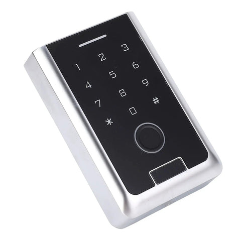 Top Shelf Outdoor Smart Fingerprint Keypad Door Access Controller With Rfid Card Swipe And Mobile App Remote Unlock, angled view showing keypad.