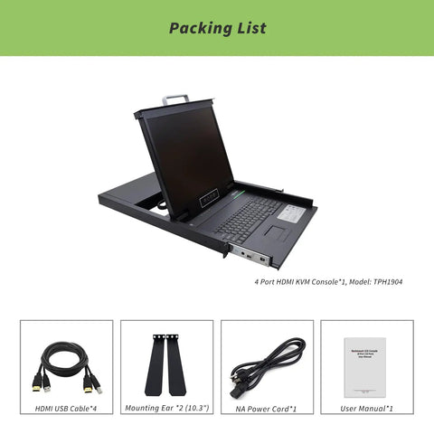 Top Shelf 1U Rackmount Kvm Console With Integrated 19 Inch Monitor full size keyboard touchpad and four port hdmi switch, packing list.