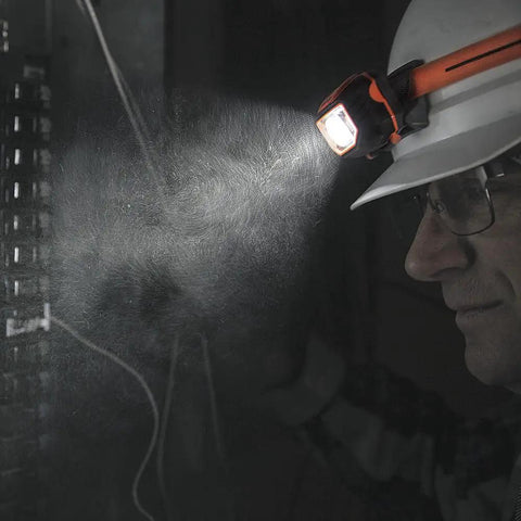 Person wearing Hard Hat Headlamp With 45 Degree Tilt And Dual LED Flood And Spot Beams, 6 Foot Drop Protection, fixing wires