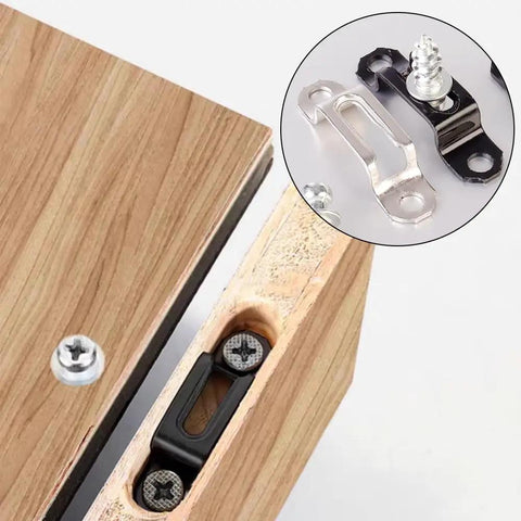 Rock Solid Invisible Cabinet Connectors 10 Pack Slick Black Metal Furniture Brackets With Recessed Cupboard Hinges shown on wood.