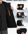 Heated Ski Jacket With 4D Smart Heating Windproof Waterproof Shell showing inner USB pocket, adjustable hood, pockets, cuffs.