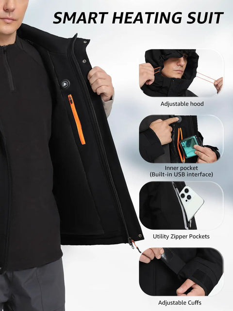 Heated Ski Jacket With 4D Smart Heating Windproof Waterproof Shell showing inner USB pocket, adjustable hood, pockets, cuffs.
