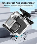 Waterproof Housing Case for GoPro Hero 4K Action Camera With 60m/196ft Depth Rating, shown being shockproof and shatterproof.