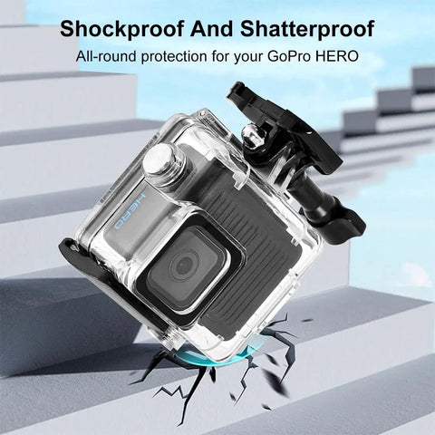 Waterproof Housing Case for GoPro Hero 4K Action Camera With 60m/196ft Depth Rating, shown being shockproof and shatterproof.