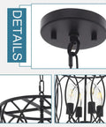Close-up details of the Black Rustic Chandelier Pendant Light Fixture For Dining Room With Four Cage Lights Farmhouse Style Ceiling Hanging Lamp For Foyer Adjustable Metal Rods Vintage Iron Look That Boosts Your Everyday Vibe In Classic Modern Transitional Decor.