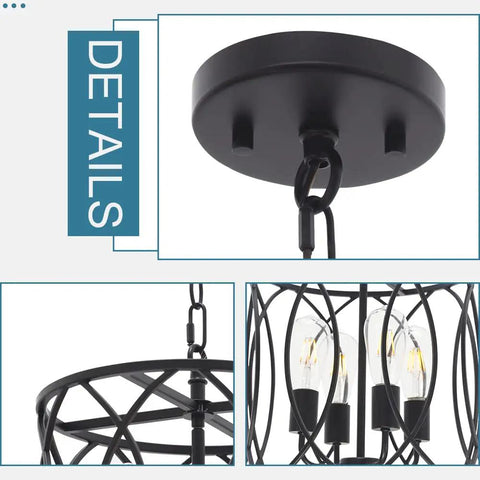 Close-up details of the Black Rustic Chandelier Pendant Light Fixture For Dining Room With Four Cage Lights Farmhouse Style Ceiling Hanging Lamp For Foyer Adjustable Metal Rods Vintage Iron Look That Boosts Your Everyday Vibe In Classic Modern Transitional Decor.