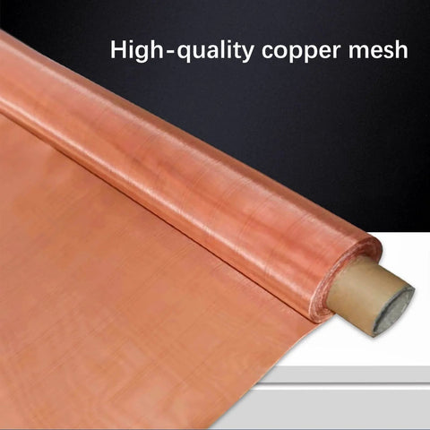 Copper Mesh Screen 100 Mesh 1x1m For EMF Shielding And Impurity Filtration, rolled view of dense copper wire mesh on black background