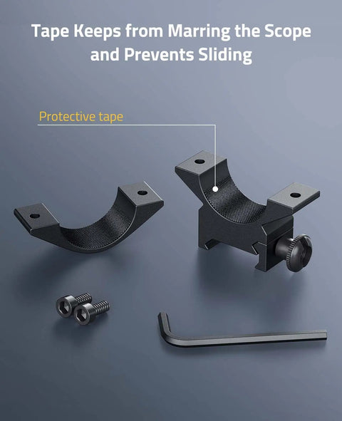 Heavy Duty One Inch Scope Rings With A Low Profile Cut For Picatinny Rails showing protective tape and adjustment hardware.