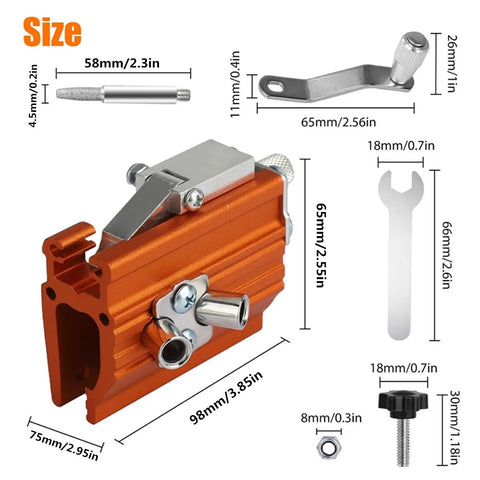 Portable Hand Crank Chainsaw Sharpener Kit With Jig For 8-22 Inch Chainsaws And Electric Saws, orange tool dimensions labeled.