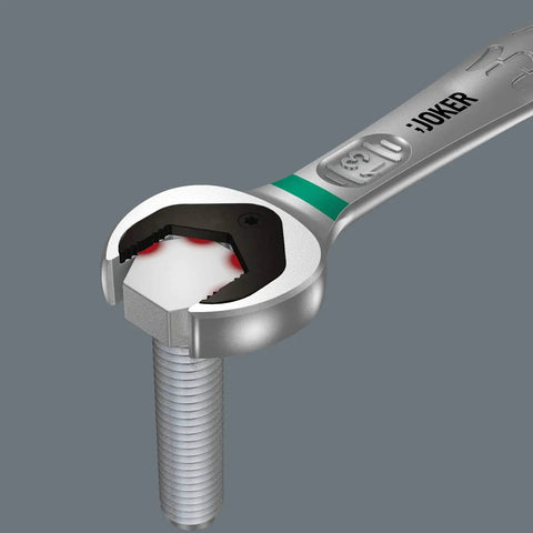 Joker Double Open Ended Wrench 10x13mm 167mm Length Beefy Grip Jaw Plate on bolt, showcasing non-slip limit stop.