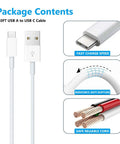 Package contents of a CarPlay USB A to USB C Cable featuring 5.0FT white cord and reinforced design for fast charge speed.
