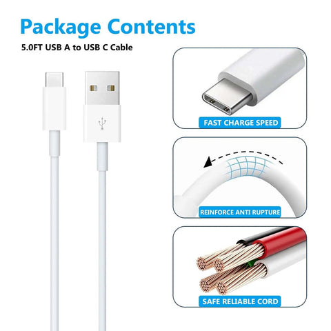 Package contents of a CarPlay USB A to USB C Cable featuring 5.0FT white cord and reinforced design for fast charge speed.
