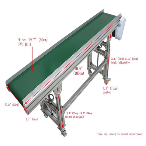 Heavy Duty 110V PVC Belt Conveyor On Wheels With Double Baffle, 70.9 Inch Long And 19.7 Inch Wide Flat Belt System, Anti Static