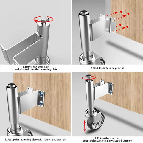 Installation steps for Rock Solid Five Inch Spring Loaded Gate Wheel Caster for outdoor fences, showing mounting and adjustment.