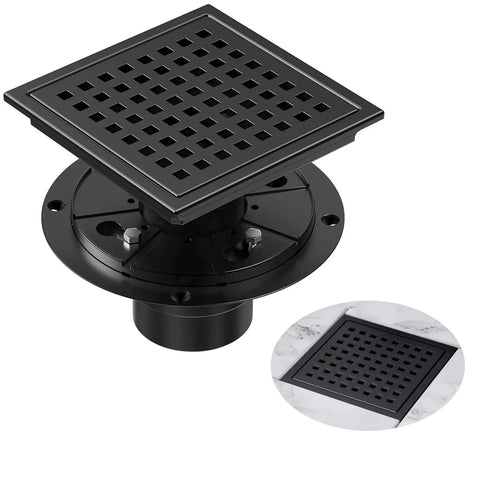 6 Inch Matte Black Square Shower Drain With Removable Flange Quadrato Grid Pattern In 304 Stainless Steel over marble floor