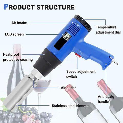 Heavy Duty 50Mm PVC Capsule Heat Shrink Gun With Digital Display And Adjustable Speed Control showing LCD screen and adjustable features.