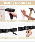 Installation steps for Sturdy Matte Black Wall Mount Coat Rack With Five Heavy Duty Metal Hooks, showing drilling and mounting processes.
