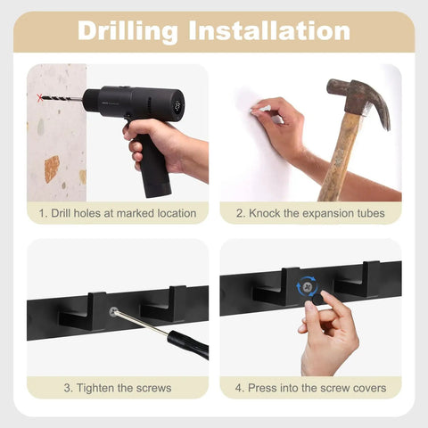 Installation steps for Sturdy Matte Black Wall Mount Coat Rack With Five Heavy Duty Metal Hooks, showing drilling and mounting processes.