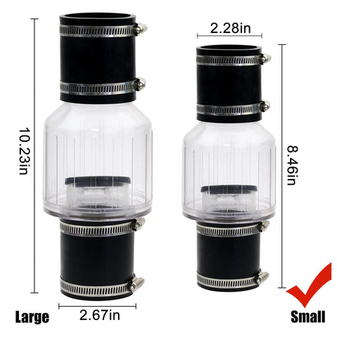 Front view of two 1-1/2 inch sump pump check valves with black caps, transparent bodies and stainless clamps.