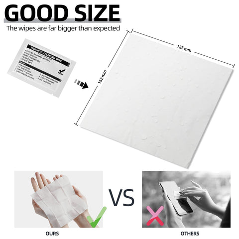 Comparison of grab-and-go multi-purpose nonwoven cleaning wipes 5.7 by 5.9 inches, highlighting size and usage on electronics.