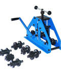 Blue tube roller bender with 6 interchangeable dies, showing manual handles and compact design for DIY fabrication projects.