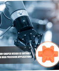 Robotic arm with orange Flexible Rubber Jaw Coupling Insert Pad for CNC Machines, Shock Absorbing Center Cushion in focus.