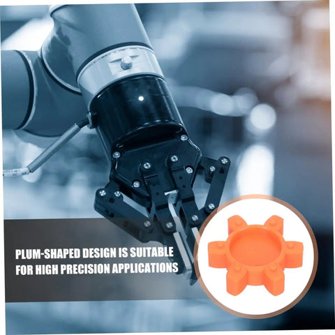 Robotic arm with orange Flexible Rubber Jaw Coupling Insert Pad for CNC Machines, Shock Absorbing Center Cushion in focus.