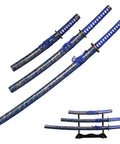 Three Piece Iaido Katana Set With Display Stand, Badass Blue Blade And Engraved Scabbard Pattern on stand view.