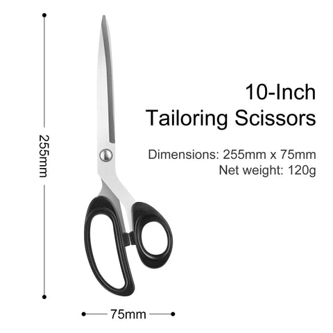 All Purpose 10 Inch Fabric Scissors Heavy Duty Stainless Steel Pro Shears For Cutting Clothes And Leather Perfect For Tailors Home And Office Use With Sharp Precision And Beefy Build, 10-inch tailoring scissors with black ABS handle