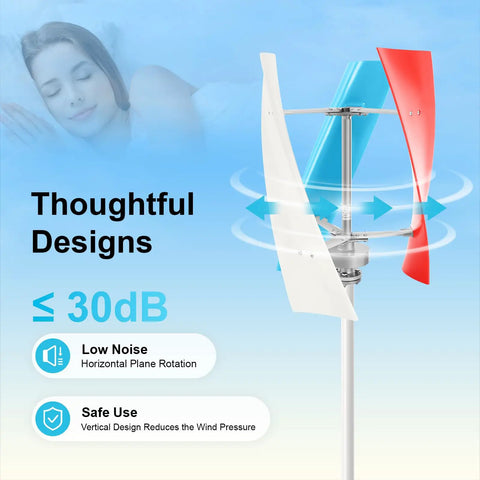 400W 24V Helix Maglev Wind Turbine With Three Blade Controller For Boats Gazebos And Homes Off Grid Ready Premium ABS Blades Water Resistant Low Vibration Power Generator Kit, displaying red and white blades with low vibration and noise features highlighted.