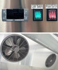 Control panel and fans of Heavy Duty Commercial Freezer Three Glass Doors Rugged Stainless Steel Exterior Rock Solid Workhorse Featuring Nine Shelves Nsf Certified 65 Cubic Feet Frozen Storage Unit.