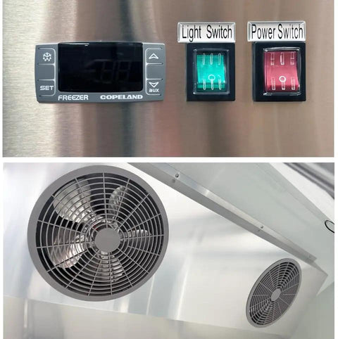 Control panel and fans of Heavy Duty Commercial Freezer Three Glass Doors Rugged Stainless Steel Exterior Rock Solid Workhorse Featuring Nine Shelves Nsf Certified 65 Cubic Feet Frozen Storage Unit.