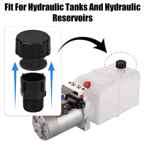 3/4 NPT Hydraulic Breather Cap For Plastic Tanks shown installed on a hydraulic reservoir, ideal for systems in shops and farms