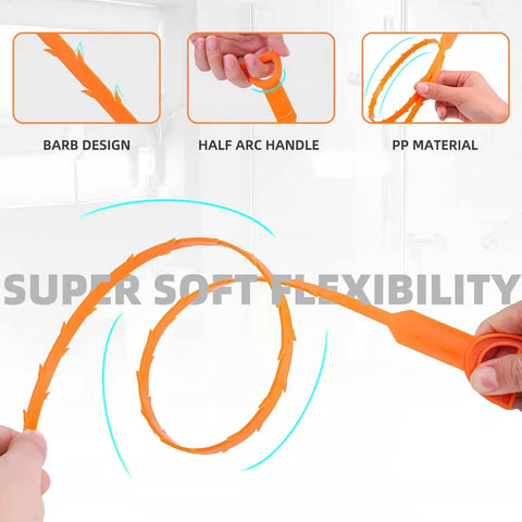 Close-up of 3 Pack 25 Inch Hair Snake Drain Clog Remover Tools Set showing flexibility, barbed design, and handle features.