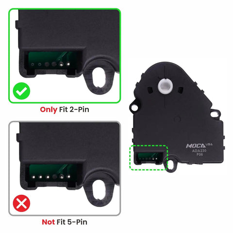 Heavy Duty Heater Blend Air Door Actuator fits 2-Pin Connector, shows correct and incorrect fitting examples for Ford Fusion MKZ.