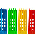 4 Pack Pigeon Ring Stands And Poultry Leg Band Racks in blue, green, yellow, and red plastic, for band management and organization.