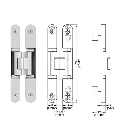 Dope Hidden Door Hinge TE 240 For Unrebated Doors Residential Adjustable Concealed Hinge with schematic dimensions