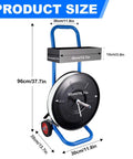 Heavy Duty Strapping Cart Dispenser For 16x16 And 8x8 Coils Movable Banding Machine With Brake System And Spacious Tray Keeps PET PP And Fiber Straps Neat And Ready To Roll Super Handy Easy Transport Cart, blue steel frame with size measurements