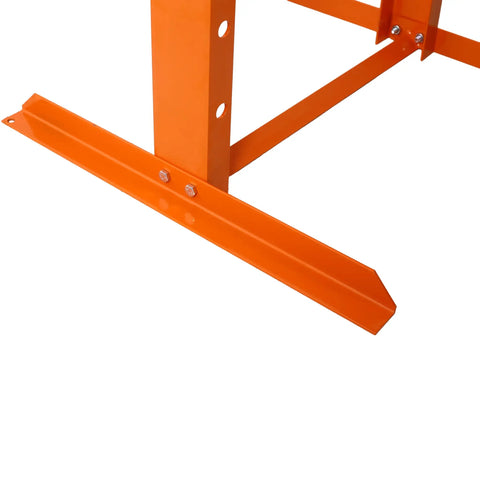 Solid Hydraulic Shop Press With Adjustable Table And Steel Plates 12 Ton Capacity Floor Mount H Frame base with orange steel support.