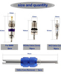 Automotive valve core kit with R12 and R134a cores (10 each), 2 BMW cores, and blue double-head remover tool