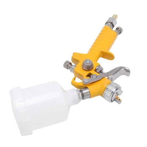 Rock Solid And Compact 125Ml Mini Spray Gun With Easy Turn Triple Knobs For Hella Smooth Paint Jobs On Cars Furniture And Walls Featuring A Precise 1Mm Nozzle Tip, yellow handheld sprayer with clear container.