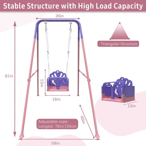 Foldable Toddler Swing Set For Indoor And Outdoor Play, Adjustable Seat Heights To Grow With Your Child with dimensions shown