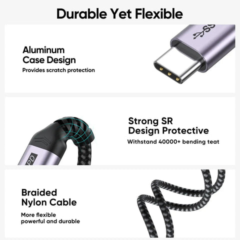 Close-up of Straight Up Go Fast USB C Extension Cable 6.6 Feet Long, showing aluminum case and braided nylon design for durability.