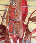 Ride Ready Boss Grade Premium Leather Driving Harness For Single Horse Cart with hand carved red detailing