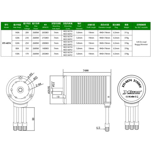 Sick Power 40X74 Brushless Motor 2650Kv technical drawing showing dimensions and specifications for RC buggy use.
