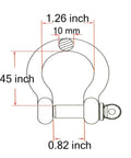 Diagram showing dimensions of Beefy 3/8 Inch 304 Stainless Steel D Ring Shackles With Screw Pin Anchor Design.