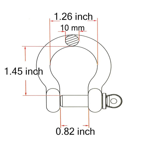 Diagram showing dimensions of Beefy 3/8 Inch 304 Stainless Steel D Ring Shackles With Screw Pin Anchor Design.