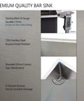Image of Stainless Steel Undermount Bar Sink 15x17 Inch Small Wet Bar, 16 Gauge SUS304 Brushed Nickel Finish details.
