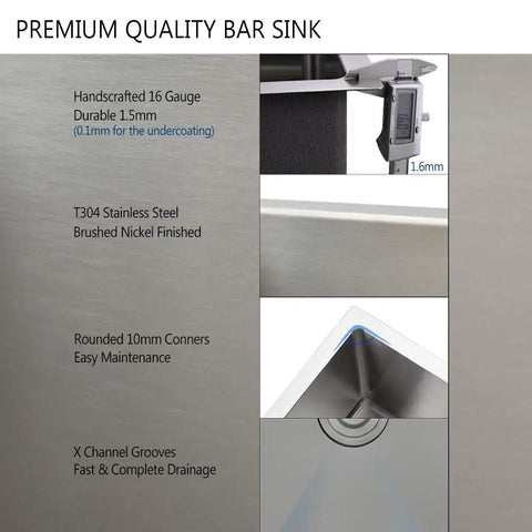 Image of Stainless Steel Undermount Bar Sink 15x17 Inch Small Wet Bar, 16 Gauge SUS304 Brushed Nickel Finish details.