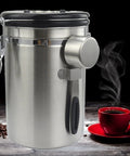 Stainless Steel Airtight Coffee Container Set With Scoop Keeps Your Daily Brew Snacks Cereal Flour Straight Up Crisp Kitchen Game Changer Storage Jar Essentials with spoon and coffee cup.
